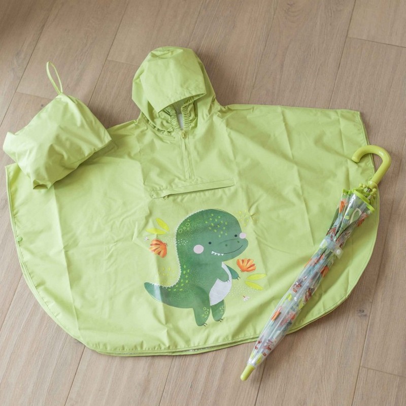 Poncho impermeabile verde decorato con dinosauro per bambini, facile da richiudere e da pulire